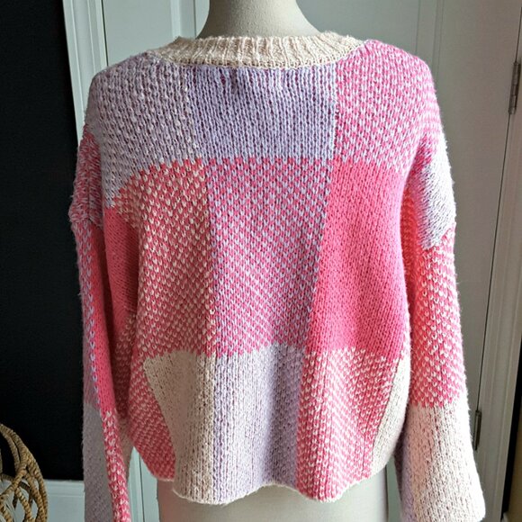 NWT! OVERSIZED PINK PLAID Boho SWEATER SZ L - Picture 4 of 5